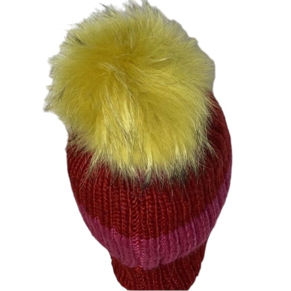 Hat Attack Womens Fur Pom Pom Knit Happy Stripes Beanie NWOT Red/Pink/Yellow - Picture 4 of 6